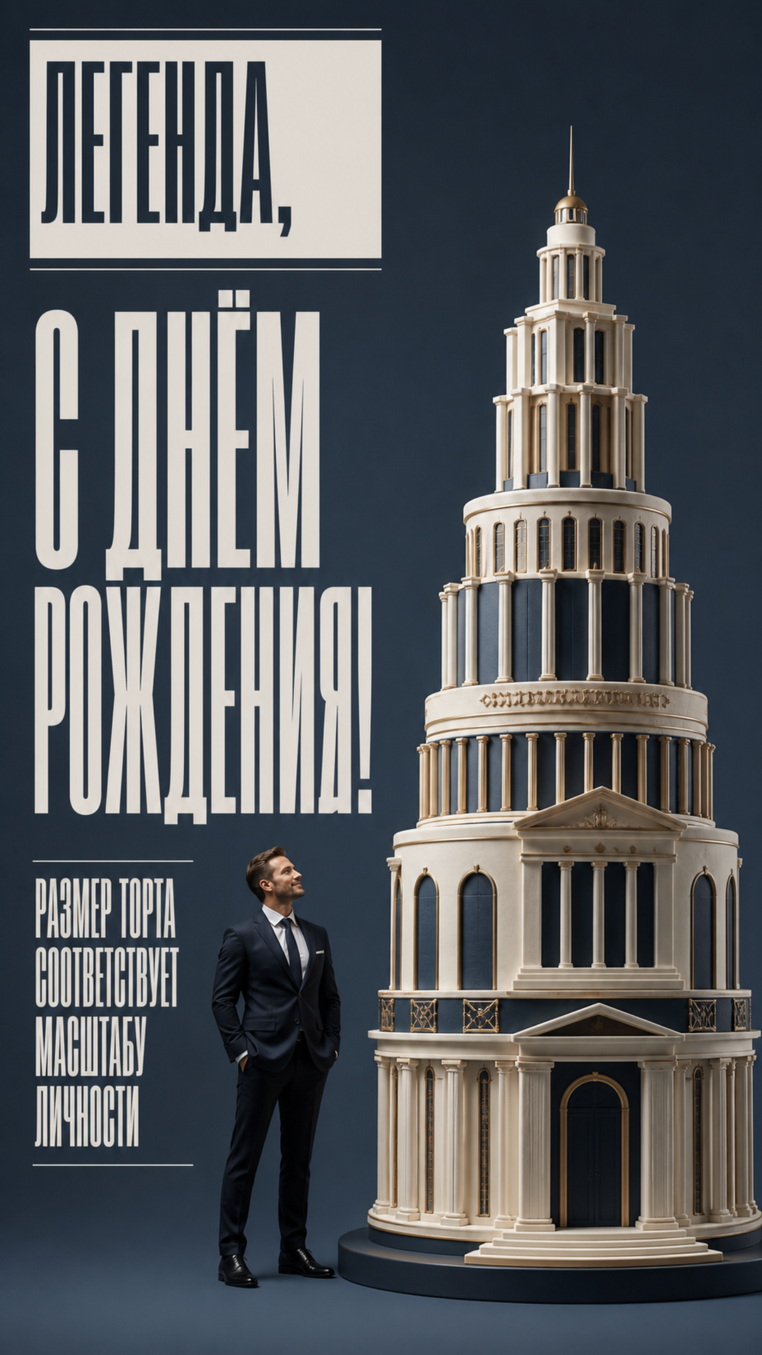 Музыкальная открытка №32: Легенда, с днём рождения. Размер торта соответствует масштабу личности